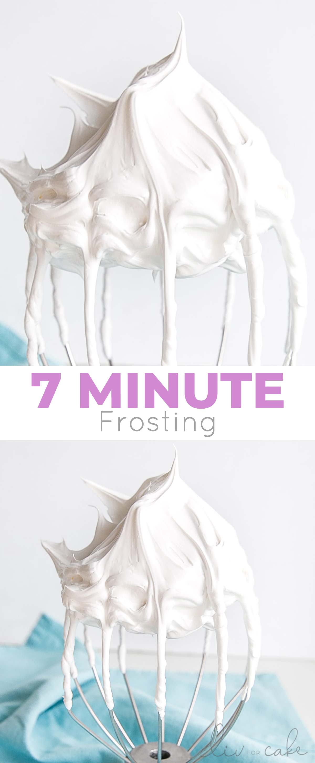 This old-fashioned 7 minute frosting recipe is light, delicious, and easy to make. A bright white frosting that's perfect for cakes, cupcakes, and more. | livforcake.com Collage photo with text