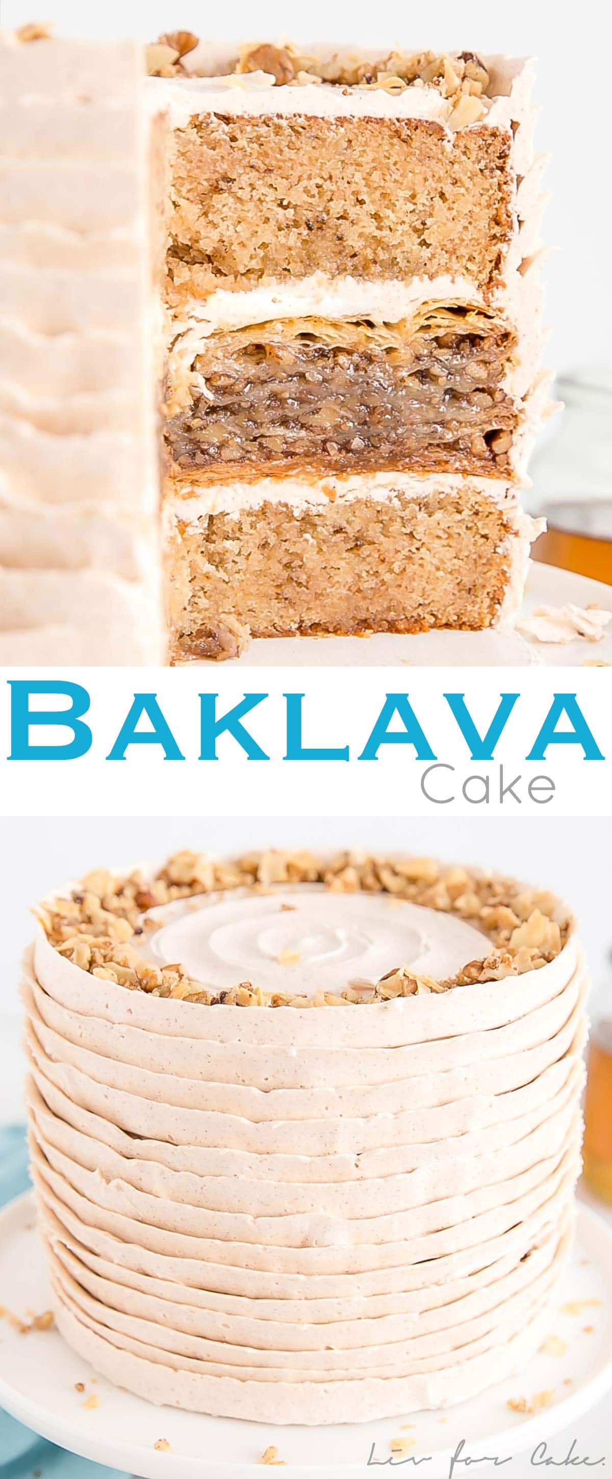 Baklava Cake! A sticky sweet baklava sandwiched between two delicious honey walnut cake layers covered with a honey cinnamon buttercream. | livforcake.com Photo collage