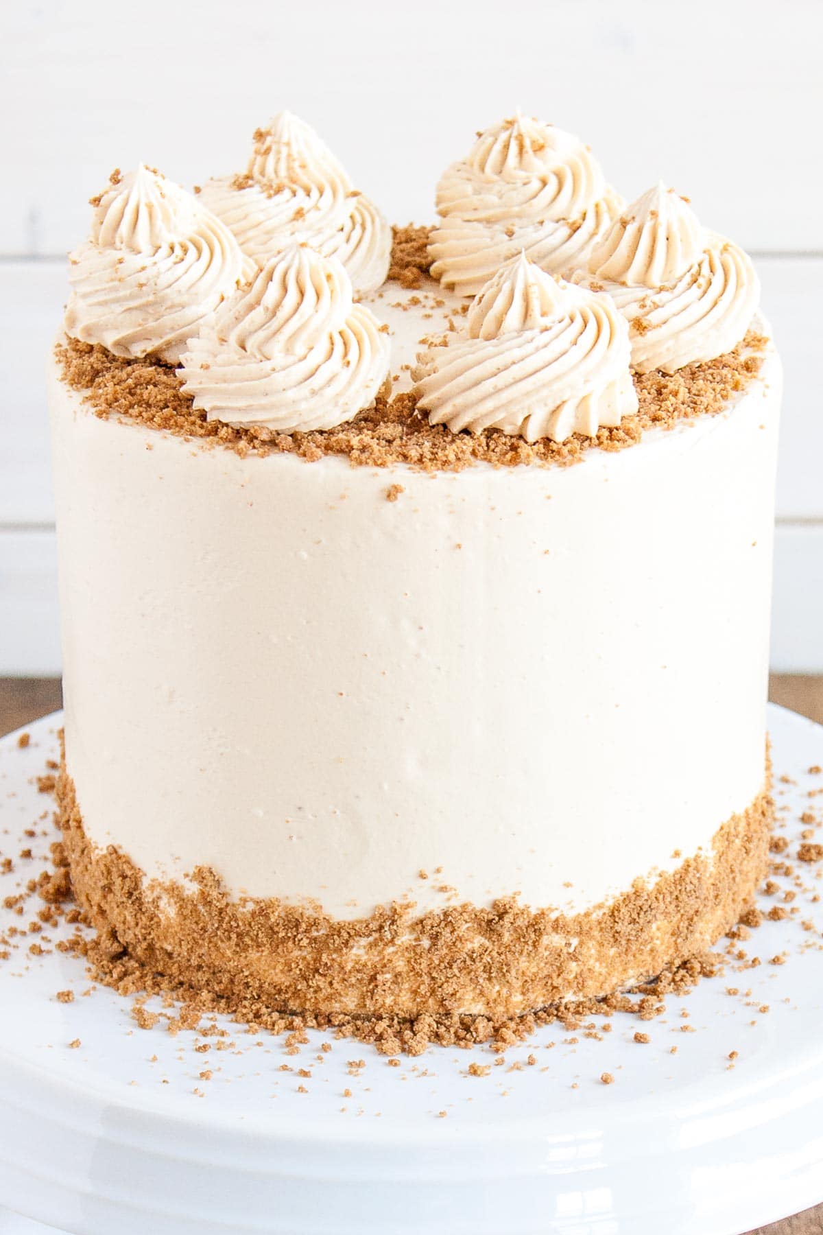This Biscoff Cake pairs fluffy vanilla cake layers with a sweet cookie butter frosting and crushed speculoos cookies. | livforcake.com Close up of a cookie butter cake with rosettes on top and crushed speculoos cookies around the edge.