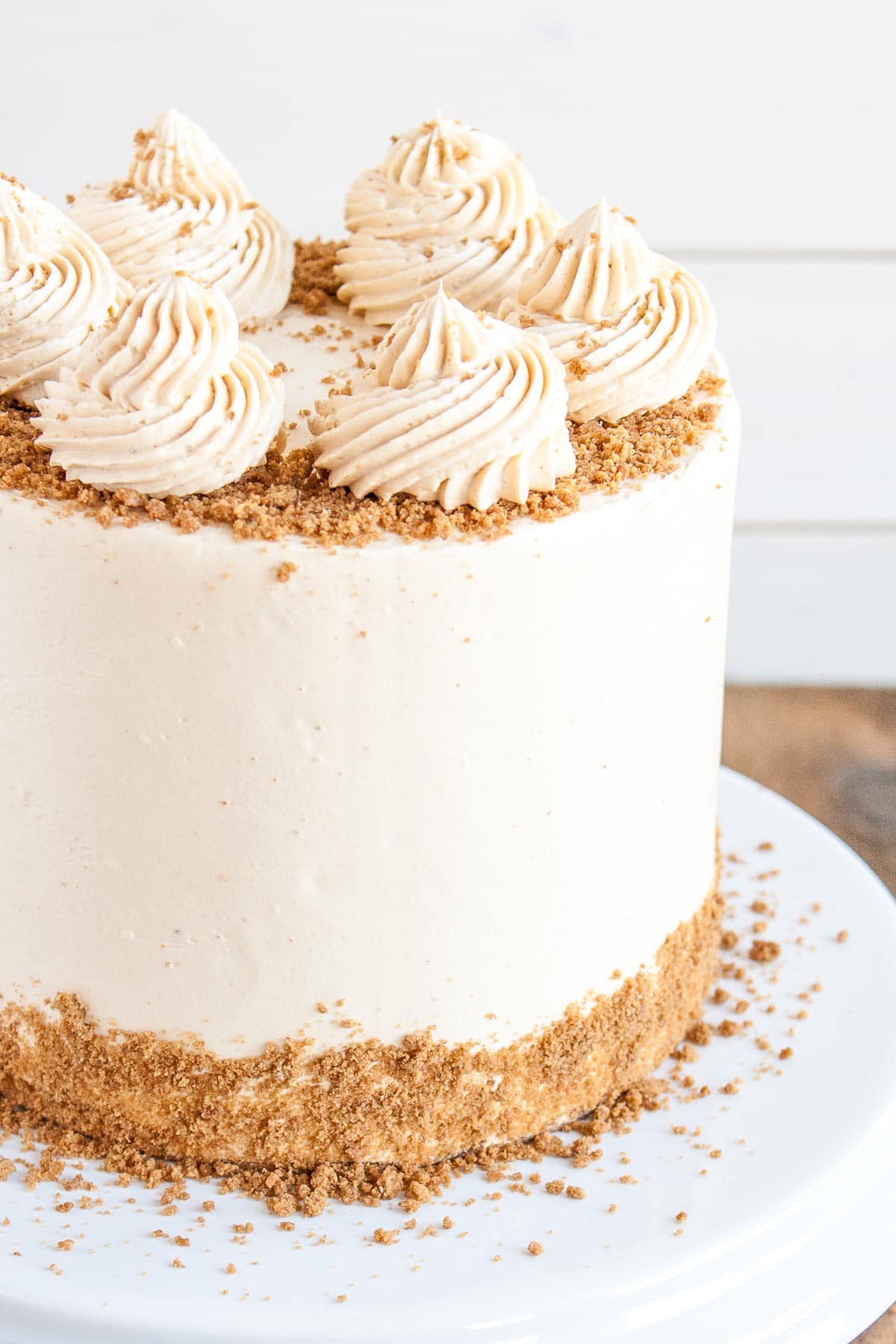 This Biscoff Cake pairs fluffy vanilla cake layers with a sweet cookie butter frosting and crushed speculoos cookies. | livforcake.com Angled close up of the cake showing the crushed speculoos cookies around the top and bottom edges.