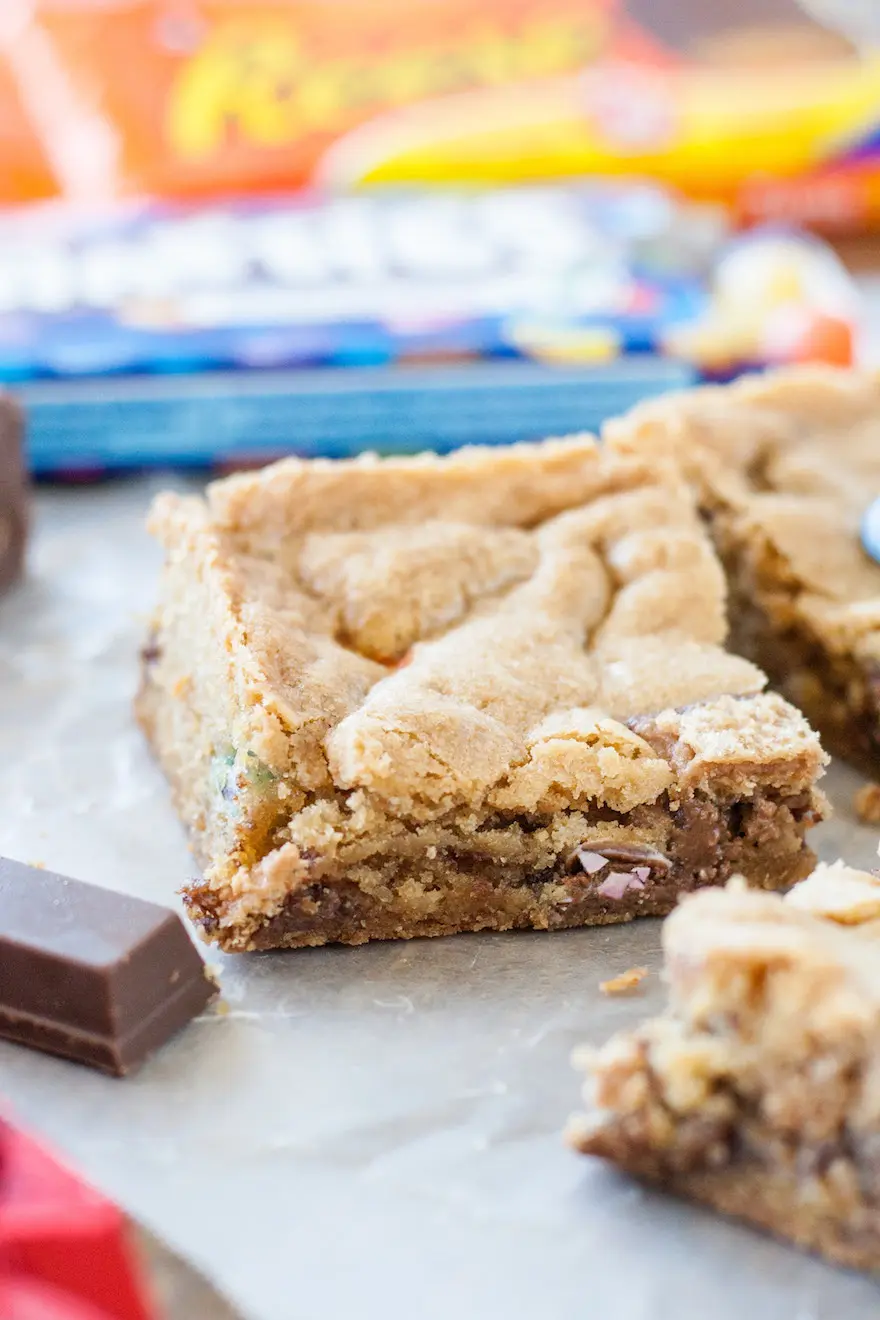 Angled shot of a cut cookie bar.