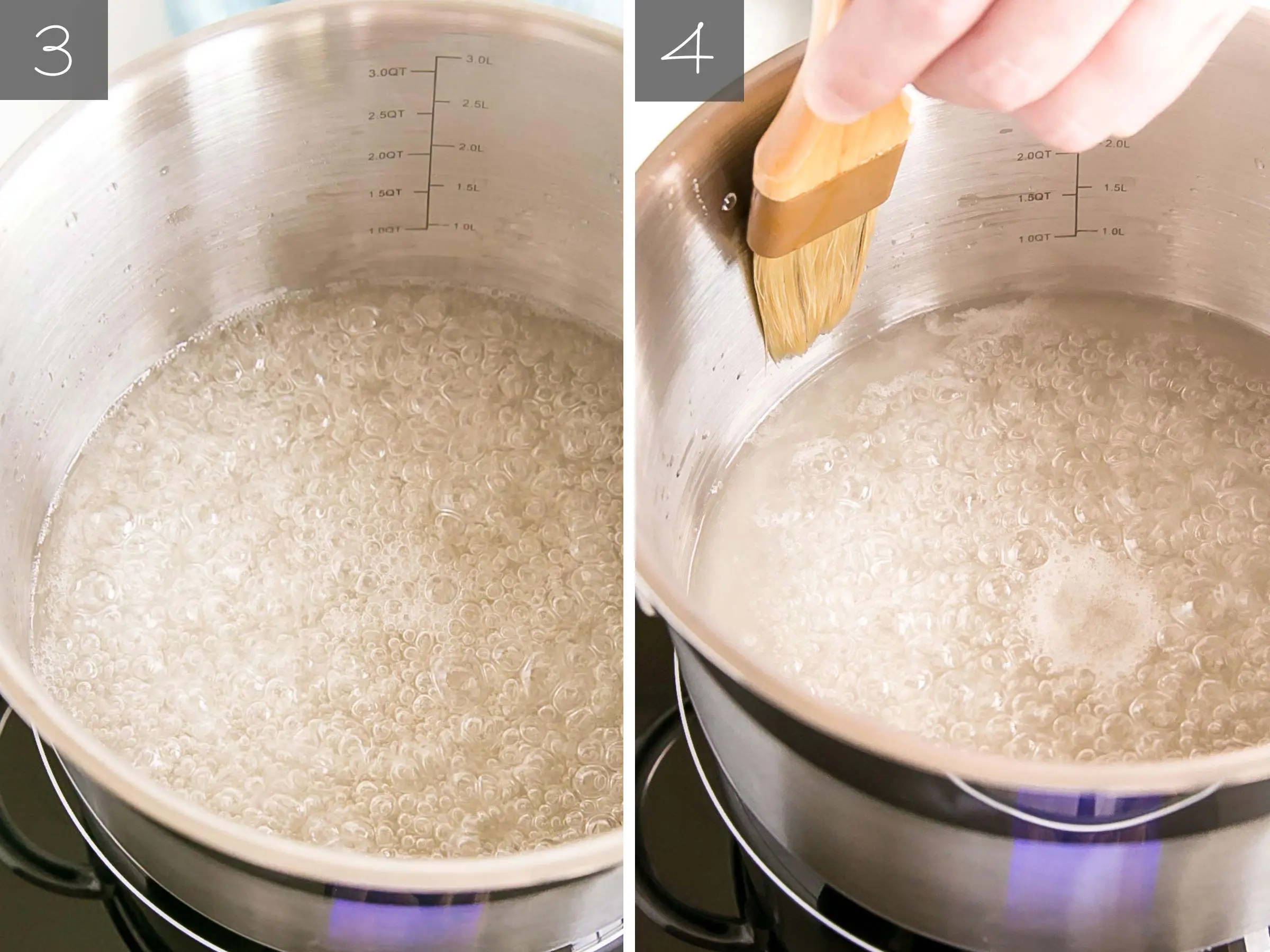 Side by side photos -- sugar brought to a boil, brushing the sides down.