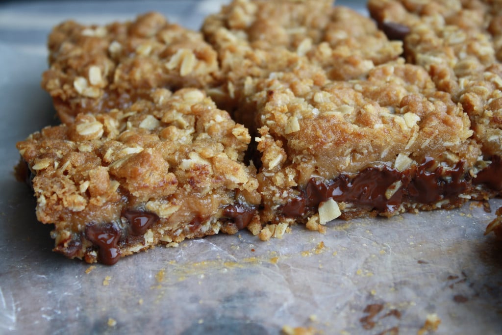 A close up of the bars with chocolate oozing out.