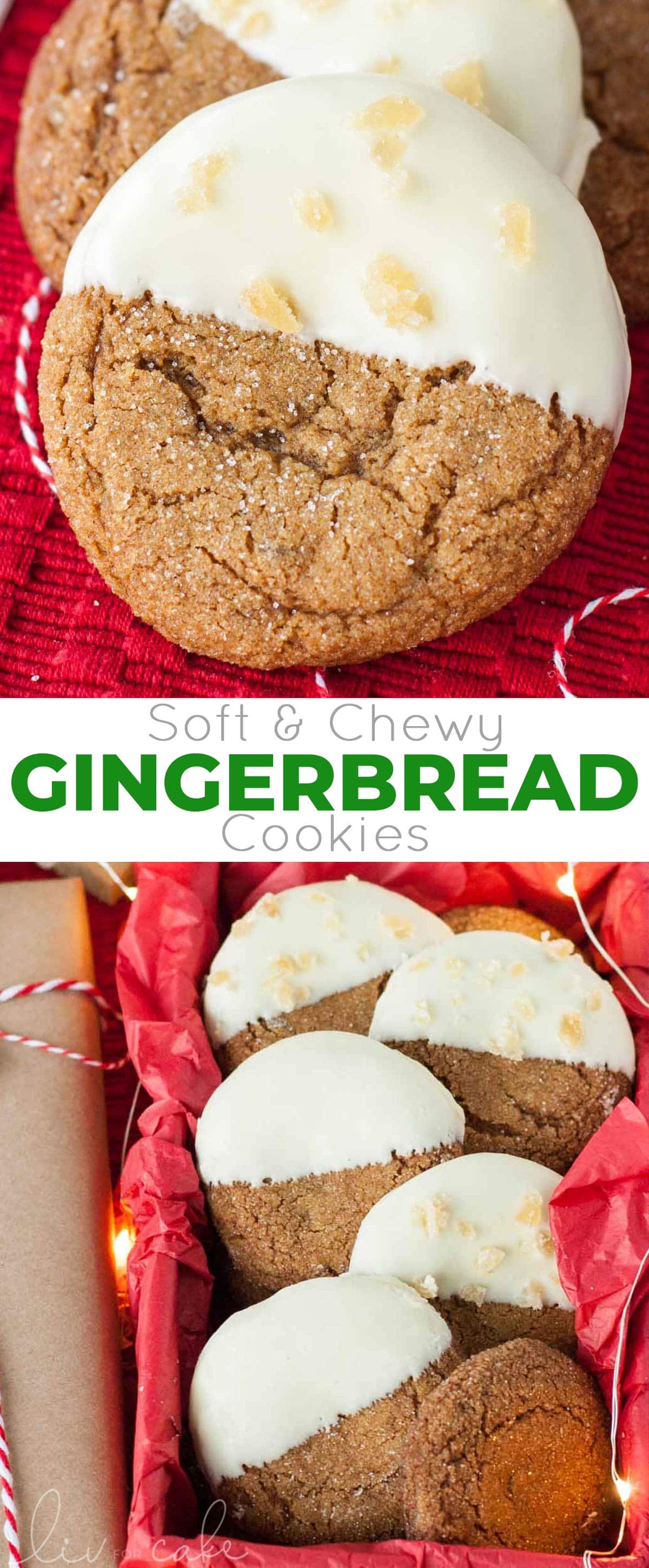 These Snow Capped Gingersnaps are the perfect holiday cookies! Chewy gingerbread cookies dipped in white chocolate and topped with crystallized ginger. | livforcake.com Chewy gingerbread cookies photo collage