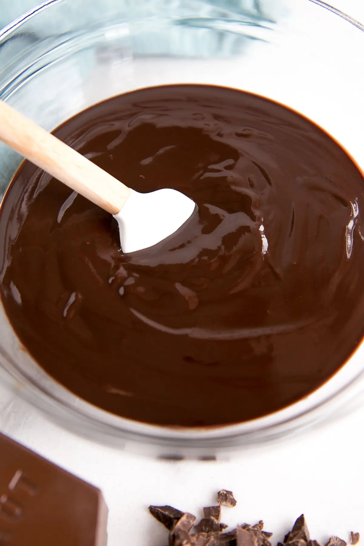 How to make Chocolate Ganache! A simple, two-ingredient recipe for a delicious frosting, filling, drip, or glaze. | livforcake.com Silky smooth chocolate ganache in a bowl.