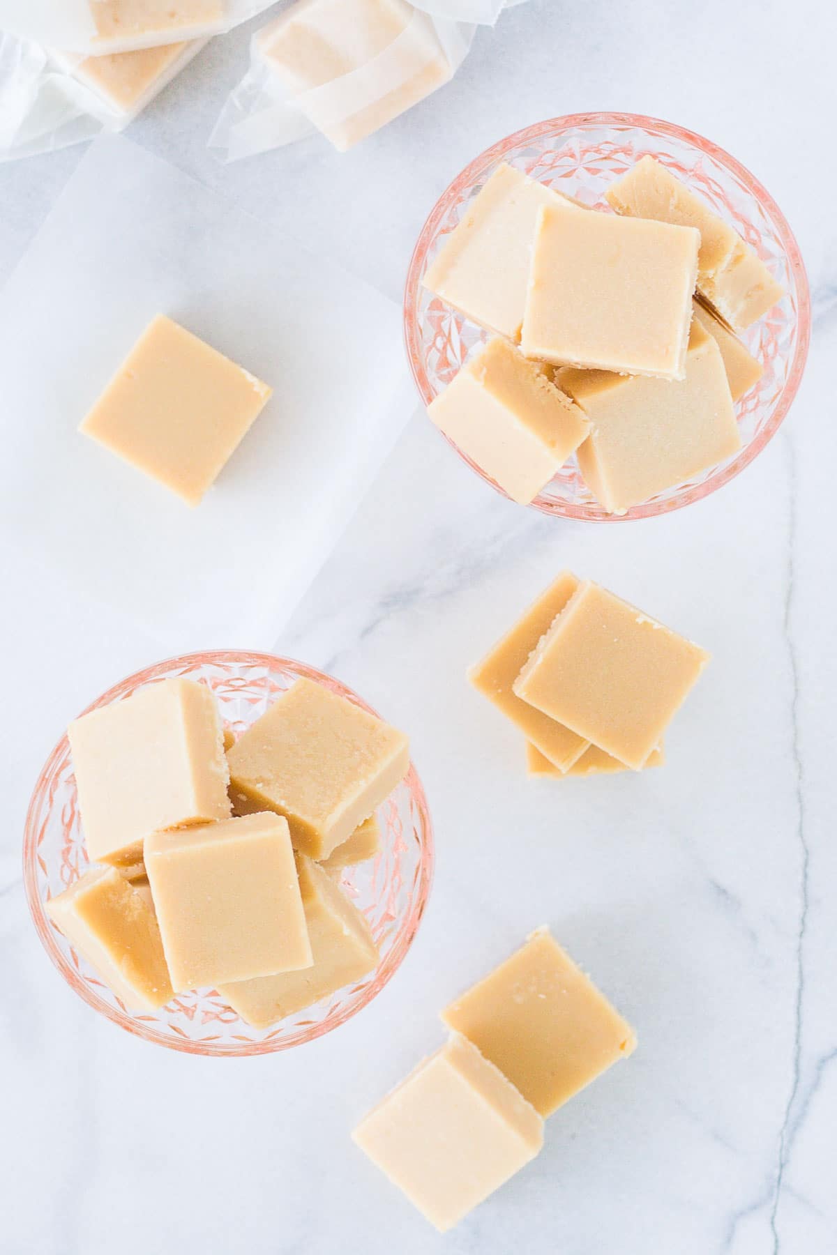 Overhead shot of fudge in pink bowls.