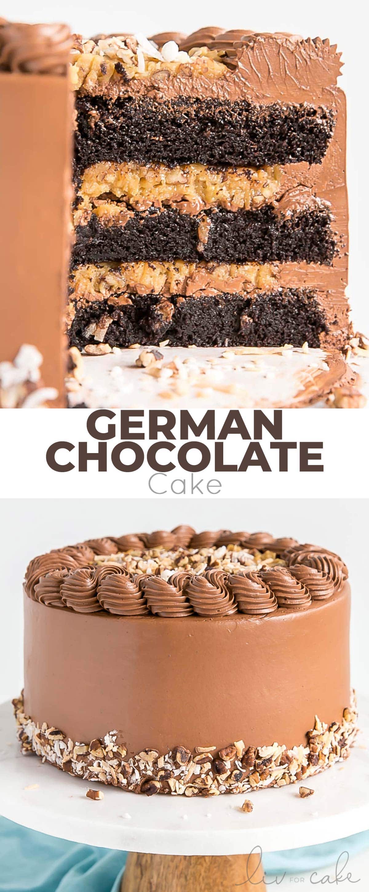 This Classic German Chocolate Cake combines rich chocolate cake layers with a sweet coconut pecan filling and a dreamy chocolate buttercream. | livforcake.com German chocolate cake photo collage.