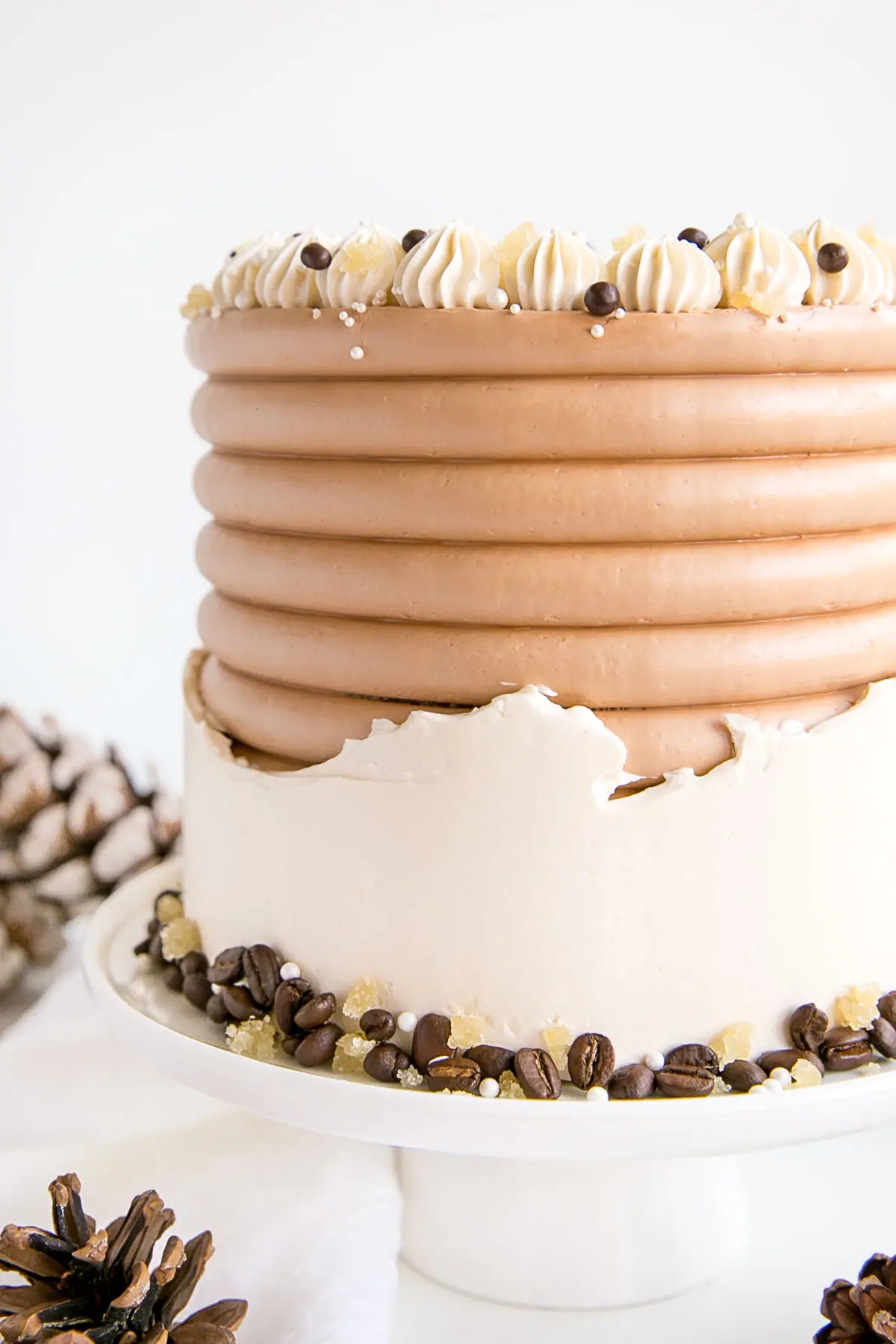 This Gingerbread Latte Cake is your favourite Holiday drink in cake form! Gingerbread spice cake layers with an espresso buttercream. | livforcake.com Close up of the side of the cake showing the fault line frosting technique.