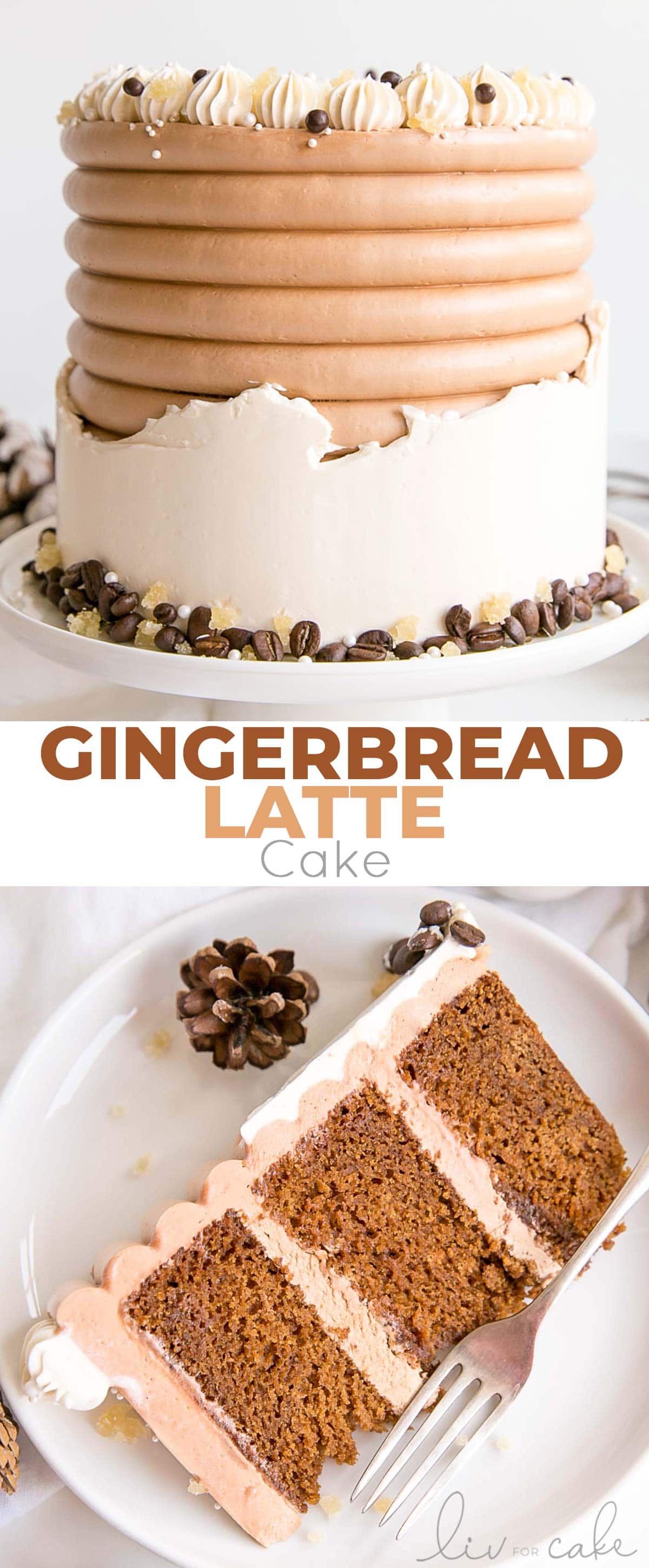 This Gingerbread Latte Cake is your favourite Holiday drink in cake form! Gingerbread spice cake layers with an espresso buttercream. | livforcake.com Gingerbread Latte Cake photo collage