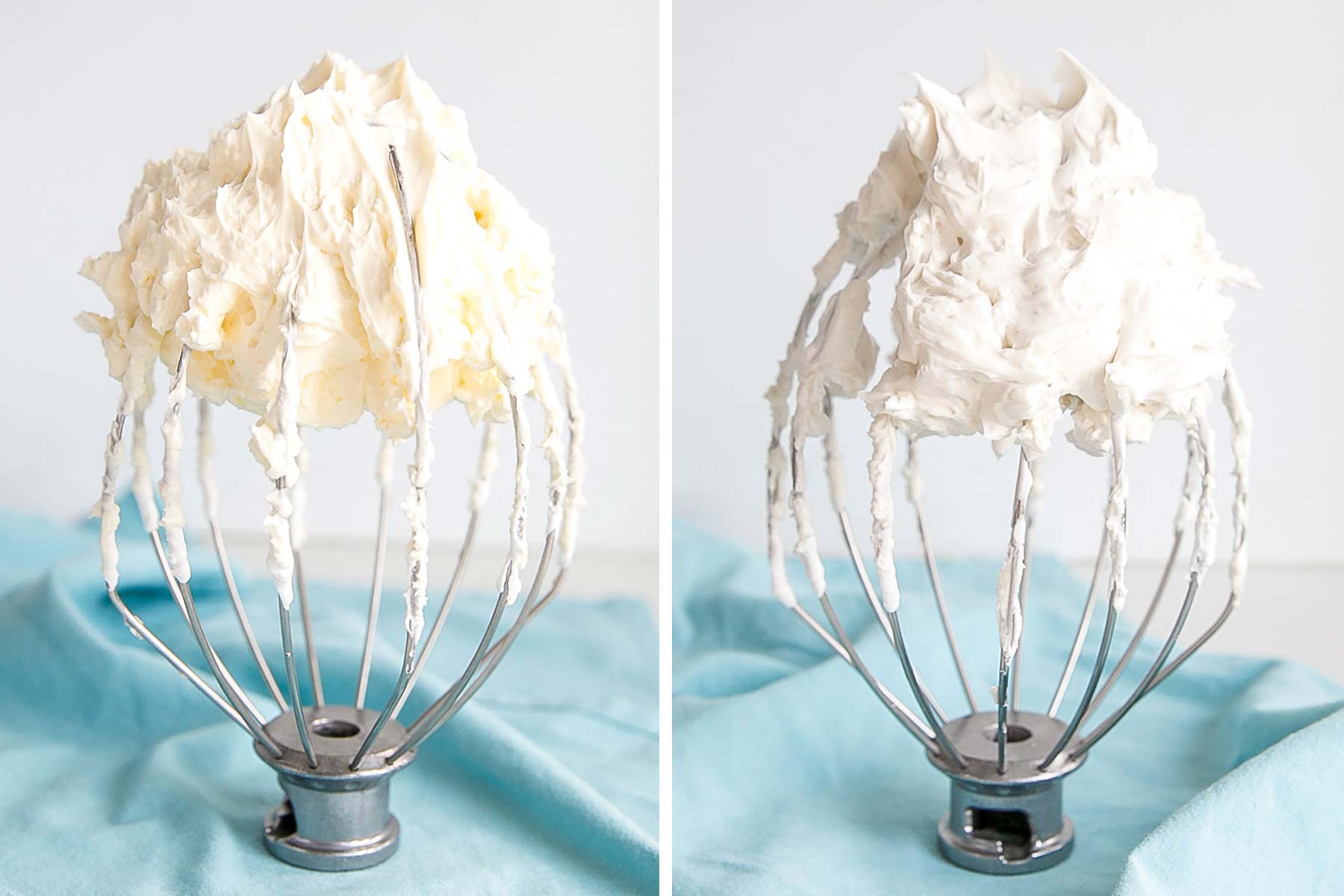 Learn how to make buttercream white with these simple tips & tricks! Perfect for wedding cakes and when you need a white buttercream base to start from. | livforcake.com Side by side shot of frosting on a whisk. Before on the left with a yellow tinted buttercream and After on the right with a white buttercream.