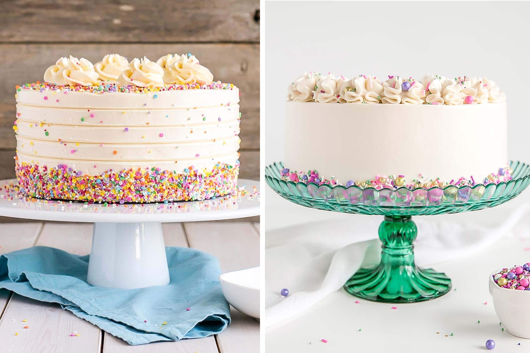 Learn how to make buttercream white with these simple tips & tricks! Perfect for wedding cakes and when you need a white buttercream base to start from. | livforcake.com Before & After side by side. Cake on the left with a yellow tinted buttercream. Cake on the right with a white buttercream.