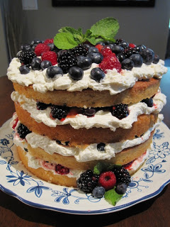 Berry layer cake on a plate.