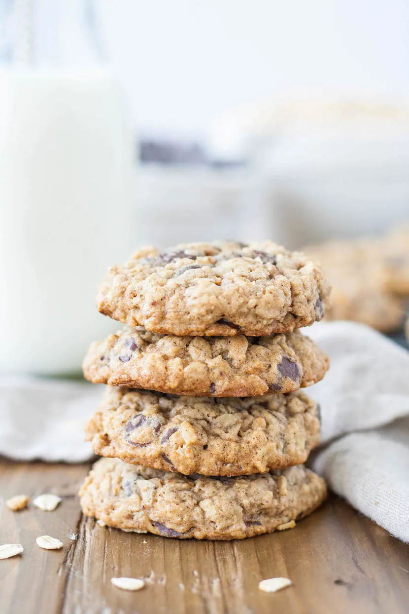The BEST soft and chewy oatmeal chocolate chip cookies. | livforcake.com A stack of cookies