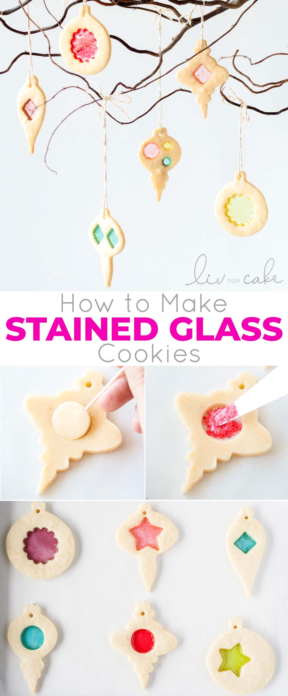 Learn how to make stunning stained glass cookies with this detailed tutorial! Perfect for holiday cookie exchanges or hanging on your tree. | livforcake.com Stained Glass Cookies Photo Collage