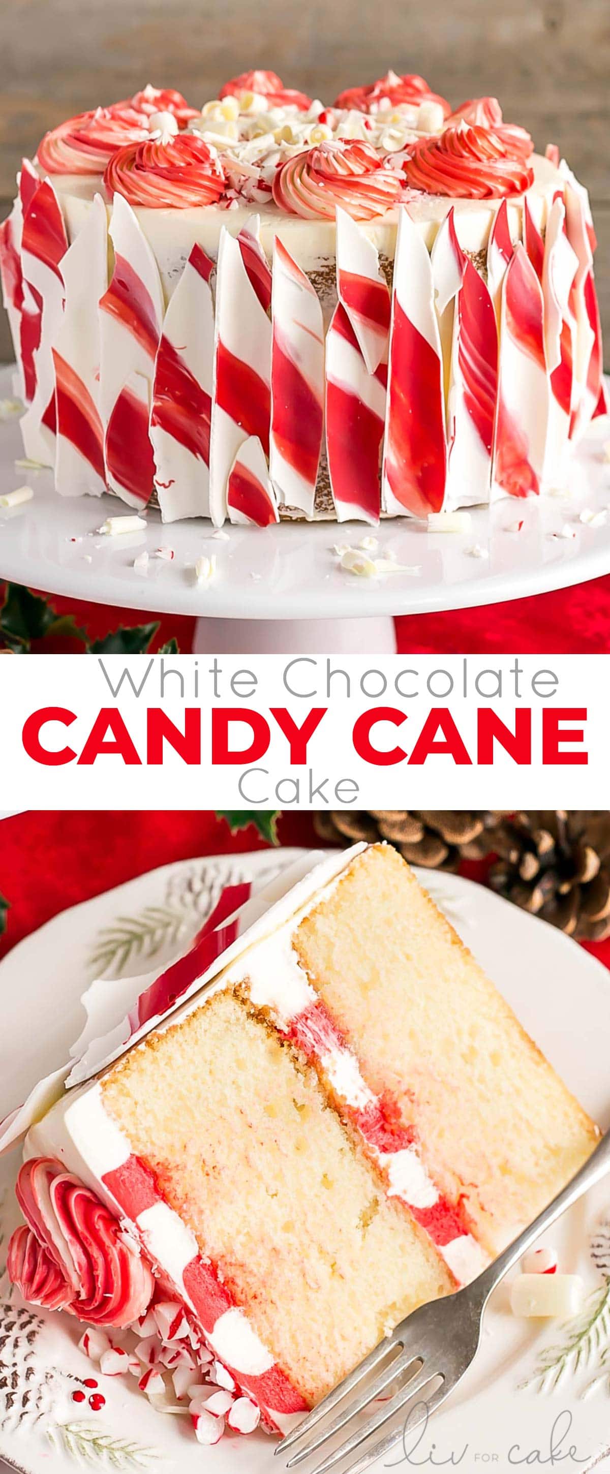 This White Chocolate Candy Cane Cake is the perfect addition to your holiday celebrations! | livforcake.com White Chocolate Candy Cane Cake photo collage